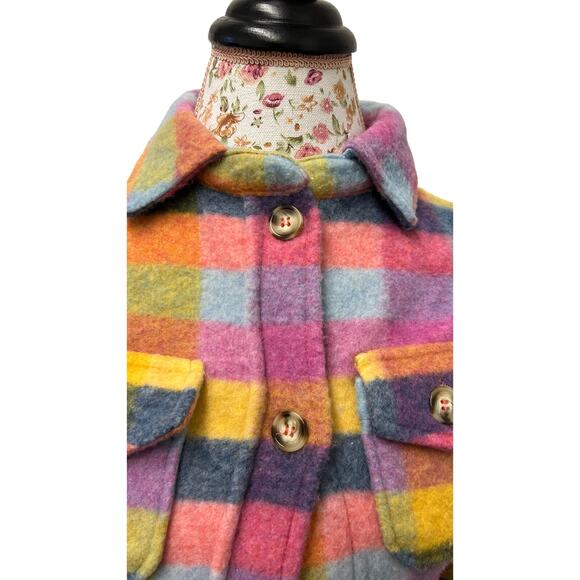 🧡 BKE Youth M Pastel Plaid Fuzzy Button Up Shacket Retro Fall Layering - Picture 4 of 5